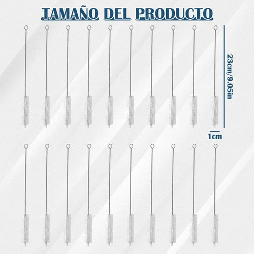 20 Cepillos Limpiadores para Popote de Acero Inoxidable 23 cm | Grado B