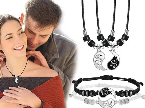 JUEGO DE COLLARES Y PULSERAS DE YIN YANG DRAGÓN PARA PAREJA NEGRO