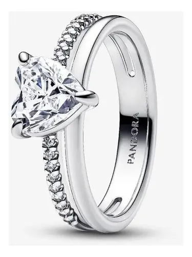 Anillo Corazón con Doble Banda Color Plateado