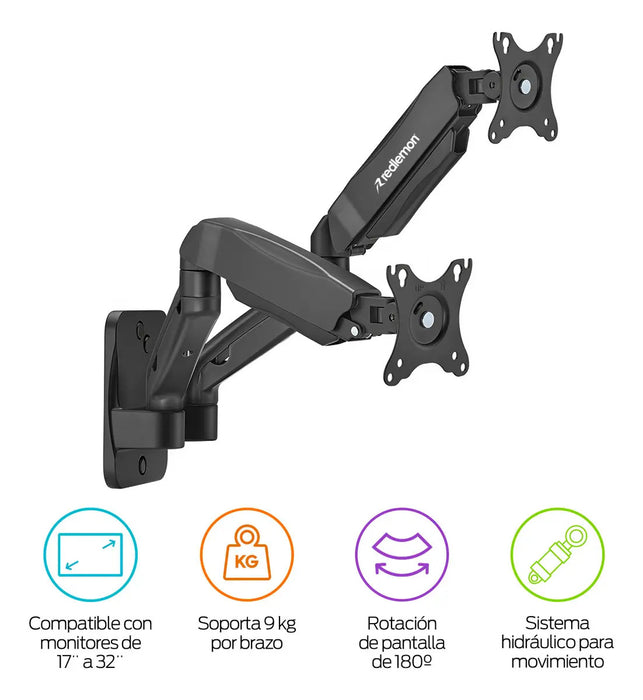 SOPORTE PARA 2 MONITORES DE PARED CON SISTEMA HIDRÁULICO, BRAZO MÓVIL PARA PANTALLAS DE 17 A 32 PULGADAS, COMPATIBILIDAD UNIVERSAL VESA HASTA 9 KG NEGRO GRADO A