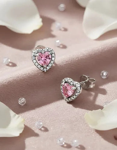 Aretes con Corazón Rosa y Kit de Regalo Color Plateado | Grado B