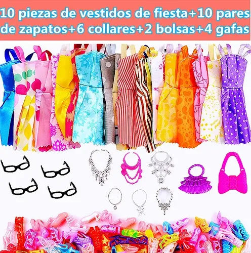 Ropa para Muñecas Vestido+bolsos+lentes+collares+zapato 32P | Grado B
