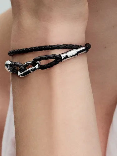 Juego de Pulseras de Piel Trenzada Doble Color Negro
