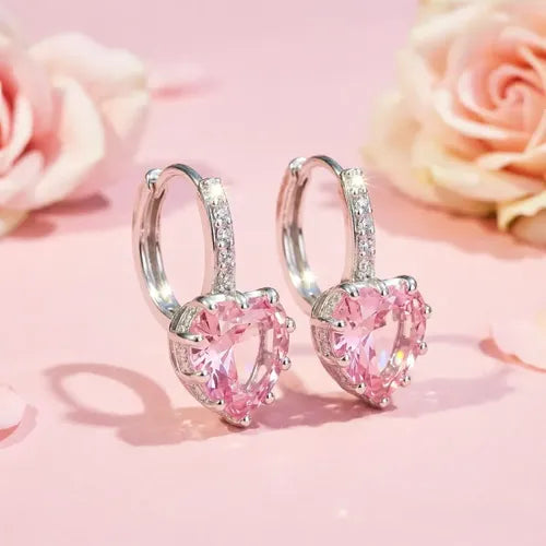 ARETES DE PLATA 925 MUJER CORAZÓN ROSA ELEGANTES COLGANTES GRADO B