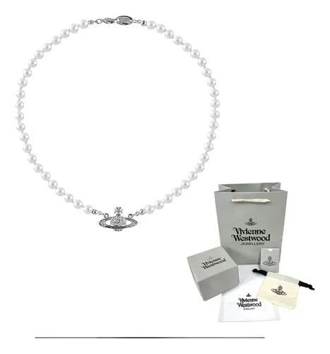 Collar Saturno de Perlas Blancas | Grado B