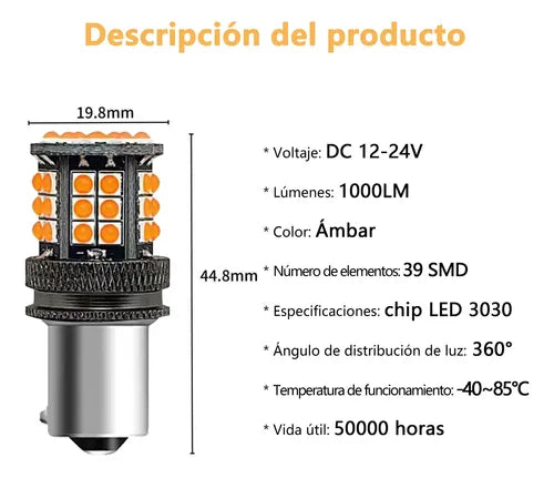 2 Foco LED 1156 BAU15S PY21W Auto Direccionales sin Error | Grado B