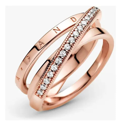 Anillo Triple Banda Cruzado con Carriles Color Dorado