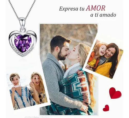 Collar con Dije de Corazón de Cristal Color Violeta | Grado B