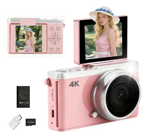 Cámara Digital WiFi Full HD 4K con Pantalla LCD y 64 GB Color Rosa Claro | Grado B
