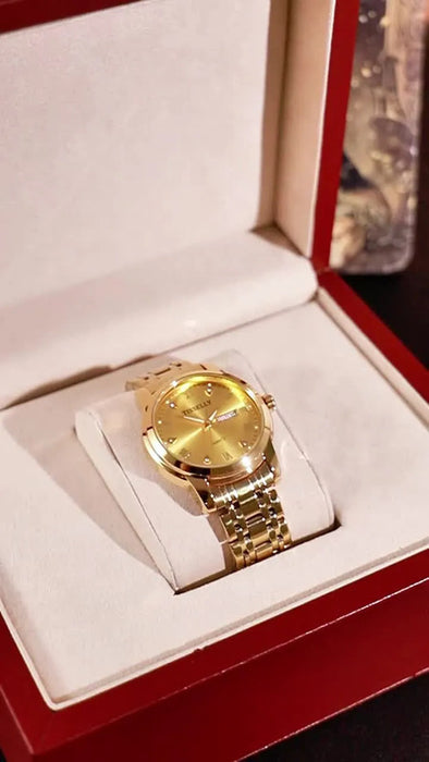 RELOJ IMPERMEABLE PARA HOMBRE, DISEÑO EMPRESARIAL CLÁSICO, CON CORREA DORADO BISEL DORADO FONDO DORADO