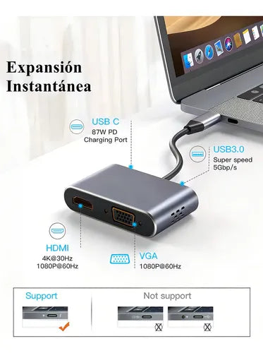 Adaptador 4 en 1 USB C a HDMI y VGA 4K con Carga PD de 100W para MacBook | Grado B