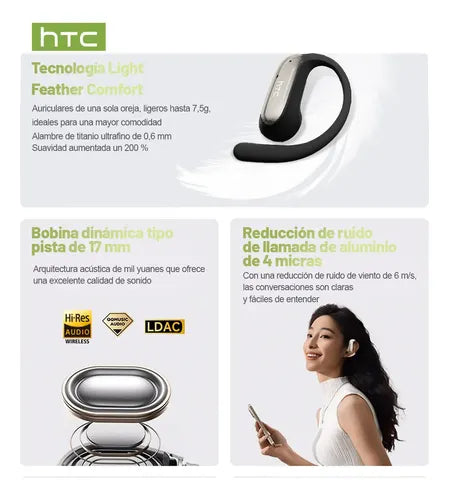 Audífonos Inalámbricos HTC NE52 Traductores de 135 Idiomas Bluetooth 6.0 Open Ear | Grado B