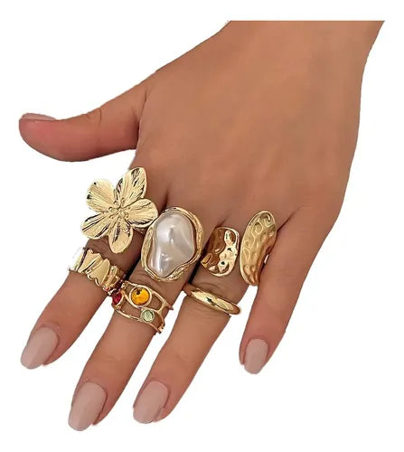 Anillo Ajustable Dorado Boho Flores de Alpaca 6PC | Grado B