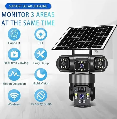Cámara de Vigilancia Solar Xinshi 4G Full HD con Visión Nocturna a Color y 3 Lentes | Grado B