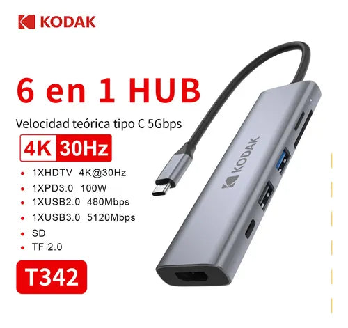 KODAK HUB USB C 6 EN 1 USB 3.0+2.0+PD100W+HDMI+LECTOR SD/TF