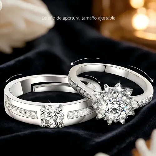 Anillos de Promesa Ajustables para Pareja Color Plateado | Grado B