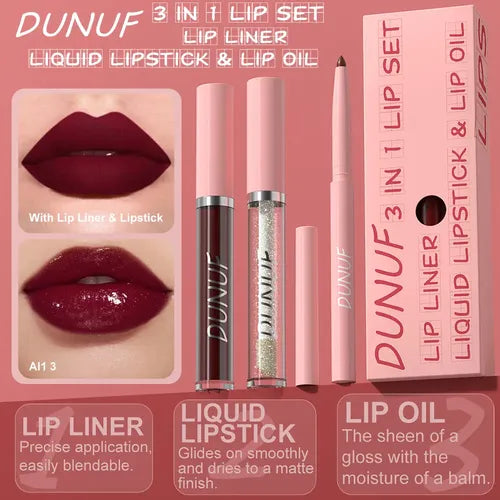 DUNUF: BRILLO LABIAL + DELINEADOR DE LABIOS + ACEITE LABIAL. 1