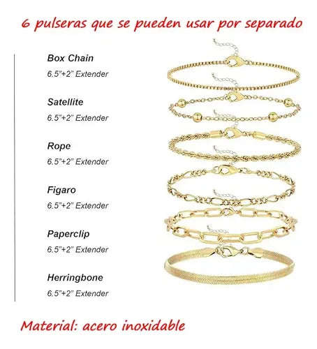 6 Pulseras para Mujer Color Dorado | Grado B
