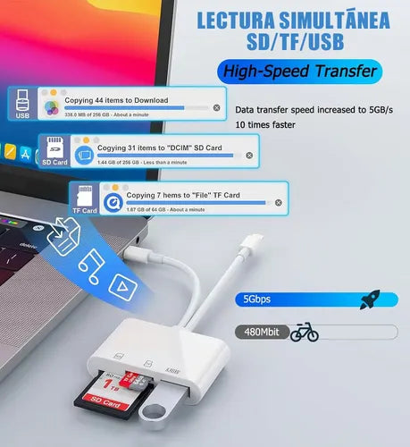 Adaptador Lector de Tarjetas SD 5 en 1 OTG USB Compatible con iPhone iPad y Xiaomi Color Blanco | Grado B