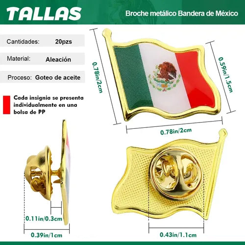 20 Broches Magnéticos con Bandera de México | Grado B