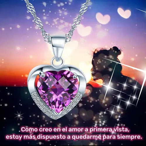 Collar con Dije de Corazón de Cristal Color Violeta | Grado B