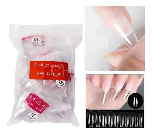 500 Tips de Uñas Postizas Punta Coffin Color Rojo Transparente | Grado B