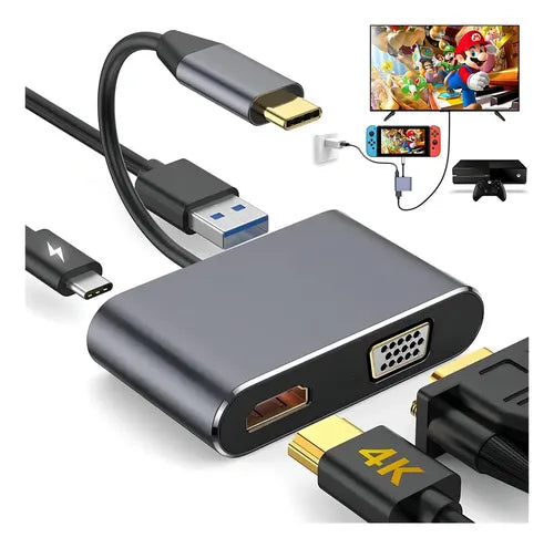 Adaptador 4 en 1 USB C a HDMI y VGA 4K con Carga PD de 100W para MacBook | Grado B