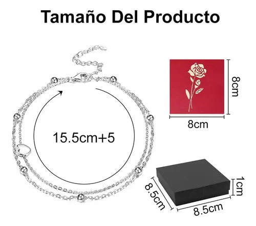 Pulsera de Corazón con Charms en Acero Inoxidable Color Plateado 16.5 cm | Grado B