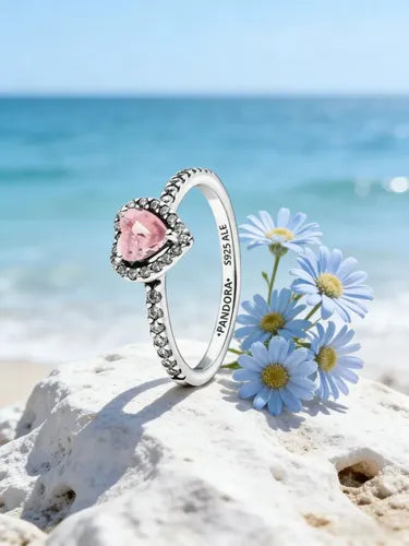 Anillo de Corazón Rosa con Caja, Talla 7 | Grado B