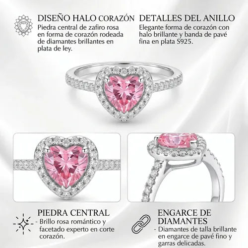 Anillos Color Plateado con Corazón de Gema Rosa Ajustables Regalo | Grado B