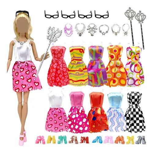 Ropa para Muñecas Vestido+bolsos+lentes+collares+zapato 32P | Grado B