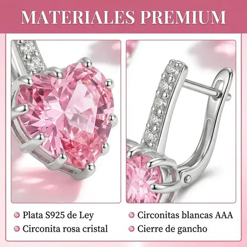ARETES DE PLATA 925 MUJER CORAZÓN ROSA ELEGANTES COLGANTES GRADO B