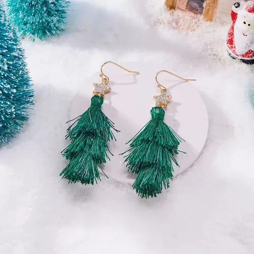 Aretes Largos con Borlas de Árbol de Navidad | Grado B