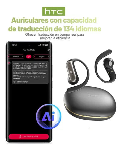 Audífonos Inalámbricos HTC NE52 Traductores de 135 Idiomas Bluetooth 6.0 Open Ear | Grado B
