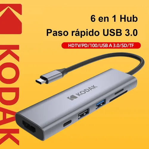 KODAK HUB USB C 6 EN 1 USB 3.0+2.0+PD100W+HDMI+LECTOR SD/TF