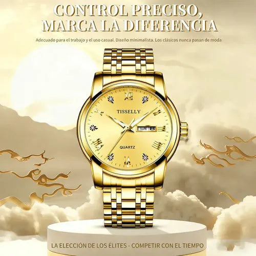 RELOJ IMPERMEABLE PARA HOMBRE, DISEÑO EMPRESARIAL CLÁSICO, CON CORREA DORADO BISEL DORADO FONDO DORADO