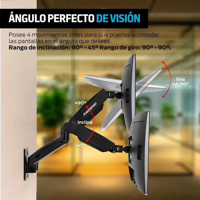 SOPORTE PARA 2 MONITORES DE PARED CON SISTEMA HIDRÁULICO, BRAZO MÓVIL PARA PANTALLAS DE 17 A 32 PULGADAS, COMPATIBILIDAD UNIVERSAL VESA HASTA 9 KG NEGRO GRADO A