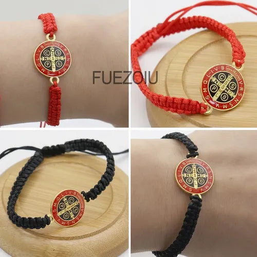 2 Pulseras Tejidas con Medalla de San Benito Negro y Rojo | Grado B