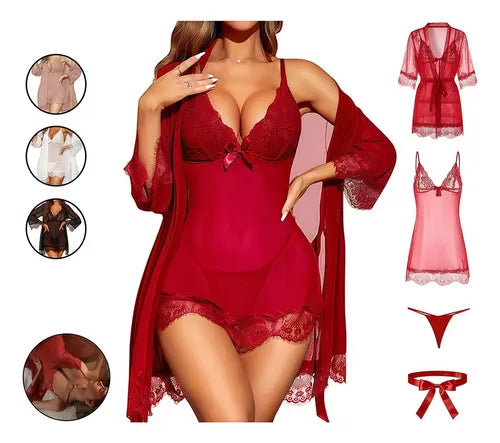 Conjunto de Lencería de Encaje Tipo Camisón para Mujer | Grado B