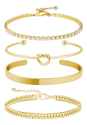 4 Pulseras Brazalete con Cristales Color Dorado Antioxidable | Grado B