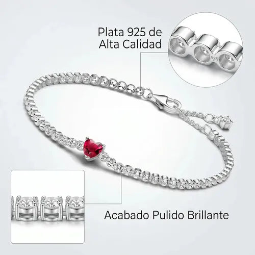 Pulsera con Corazón de Cristal Rojo Color Plateado 22 cm | Grado B