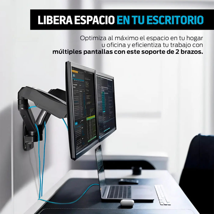 SOPORTE PARA 2 MONITORES DE PARED CON SISTEMA HIDRÁULICO, BRAZO MÓVIL PARA PANTALLAS DE 17 A 32 PULGADAS, COMPATIBILIDAD UNIVERSAL VESA HASTA 9 KG NEGRO GRADO A