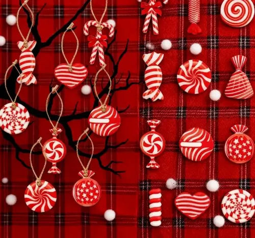 12 Colgantes de Caramelo para Árbol de Navidad Color Rojo | Grado B