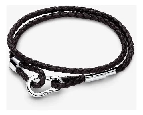 Juego de Pulseras de Piel Trenzada Doble Color Negro