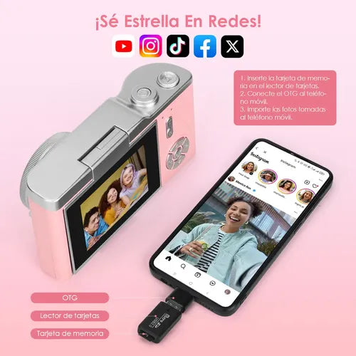 Cámara Digital WiFi Full HD 4K con Pantalla LCD 64GB Rosa Claro | Grado B