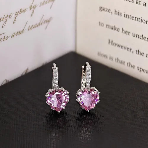 Aretes Colgantes de Corazón Color Plateado y Rosa para Mujer | Grado B
