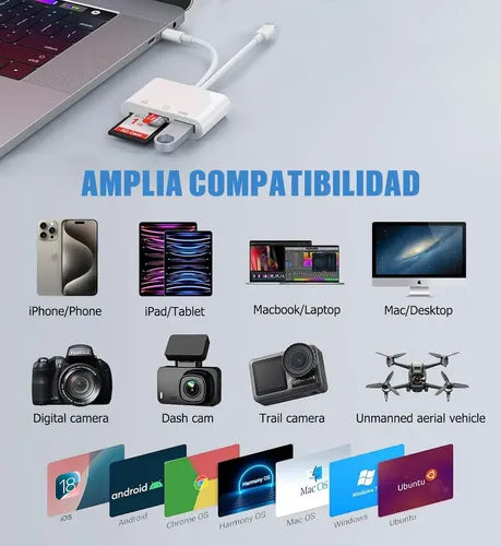 Adaptador Lector de Tarjetas SD 5 en 1 OTG USB Compatible con iPhone iPad y Xiaomi Color Blanco | Grado B