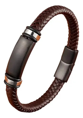 Pulsera de Cuero Genuino Tejido con Centro de Acero Inoxidable para Caballero | Grado B