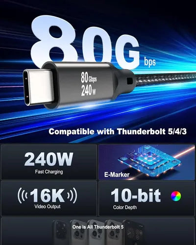Cable USB C a C de 1M,80Gbps 240W para THUNDERBOLT5/4/USB4 | Grado B