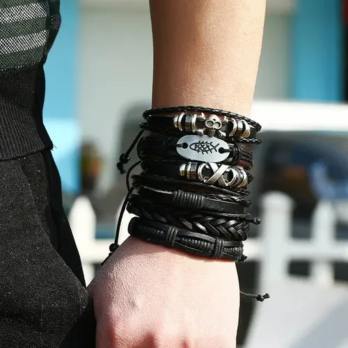 PULSERA CUERO TRENZADO ESTILO CORDÓN AJUSTABLE PARA HOMBRE 6 CM